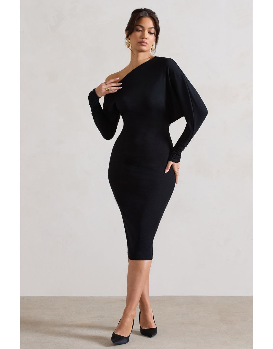 Thora | Black Rib Knit One-Shoulder Midi Dress