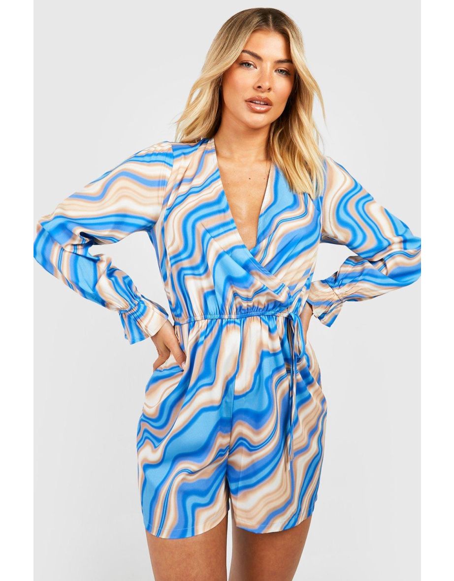 Shop Marble Wrap Front Long Sleeve Playsuit blue Online in Oman VogaCloset