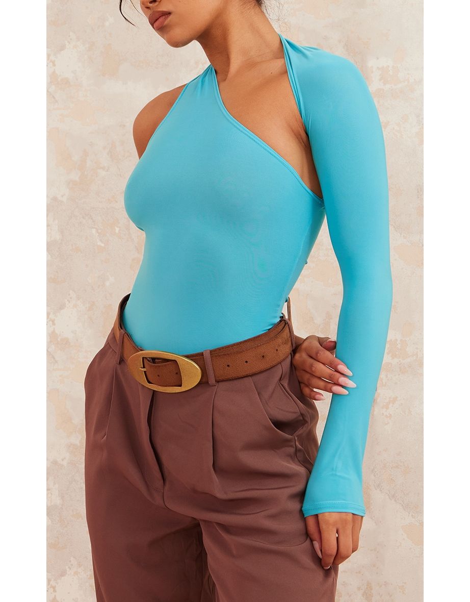 Aqua Blue Asymmetric One Shoulder Bodysuit - 2