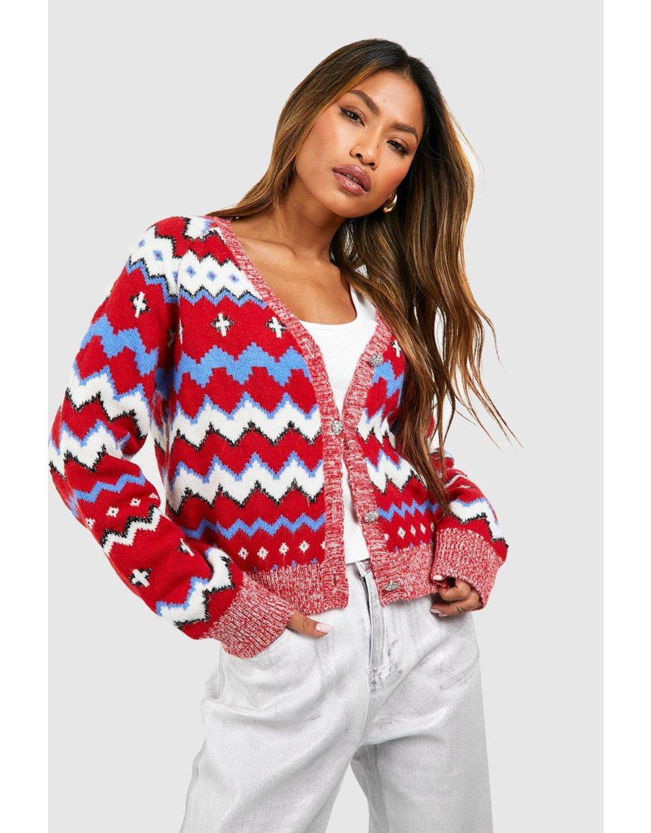 Shop Vintage Style Soft Knit Fairisle Cardigan red Online in Qatar VogaCloset