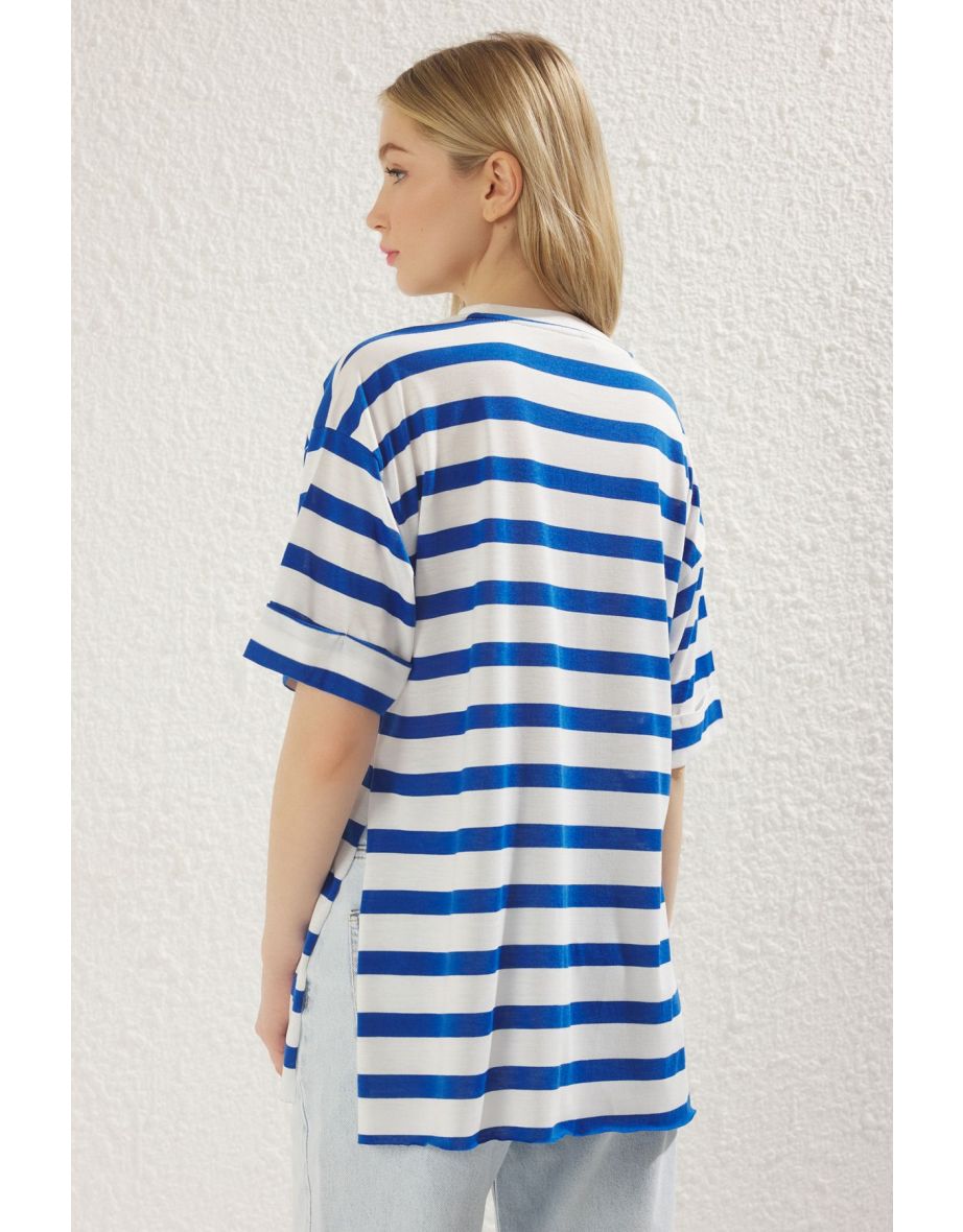 Blue Striped Double Sleeve Asymmetric Oversize/Wide Pattern Knitted T-Shirt - 4