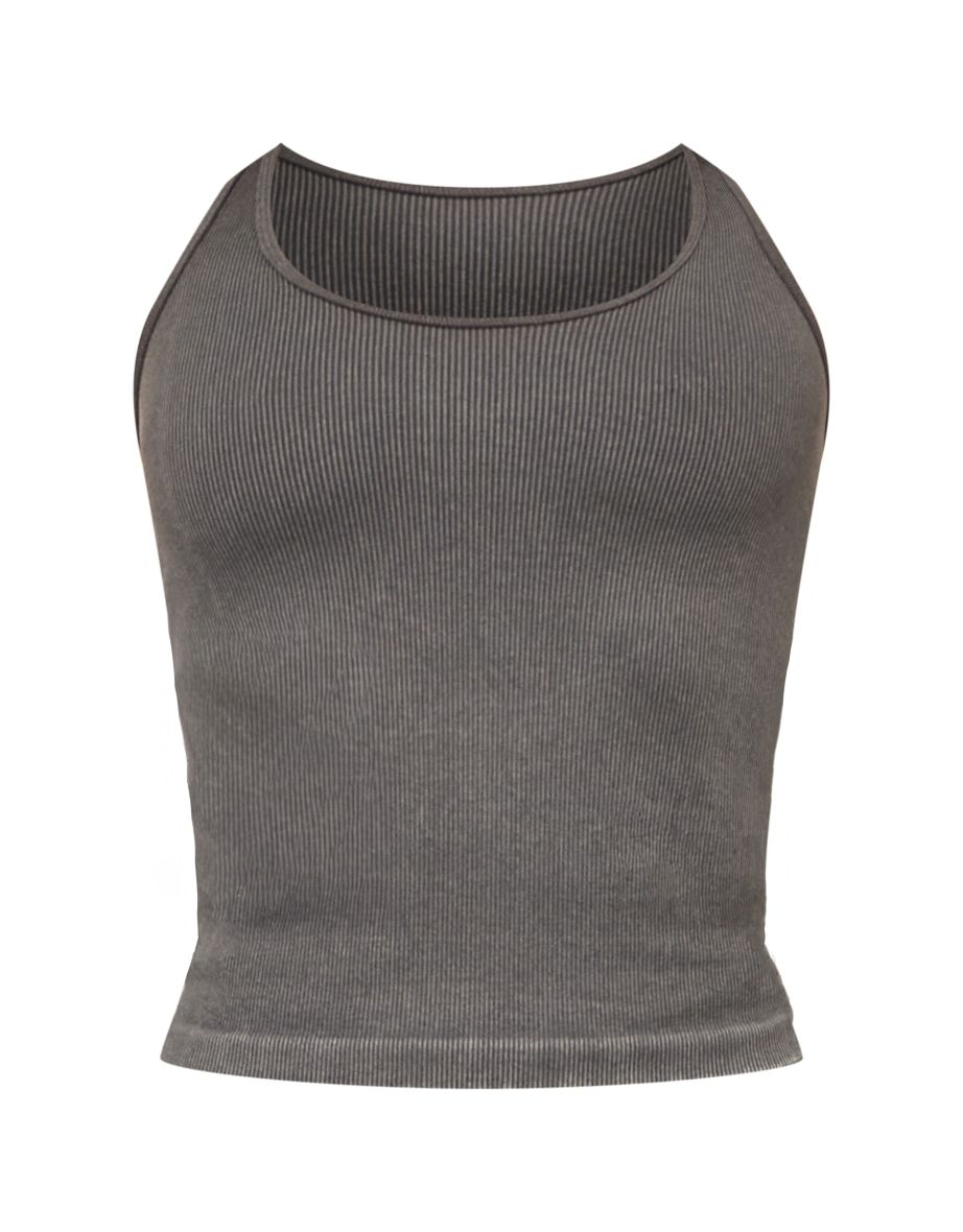 Charcoal Acid Wash Seamless Rib Halter Neck Gym Top - 4