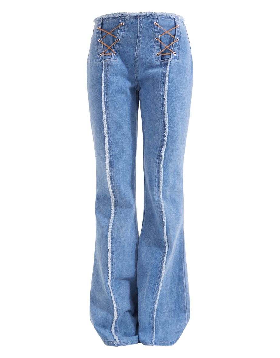 Mid Blue Wash Lace Trim Frayed Edge Flared Denim Jeans - 4