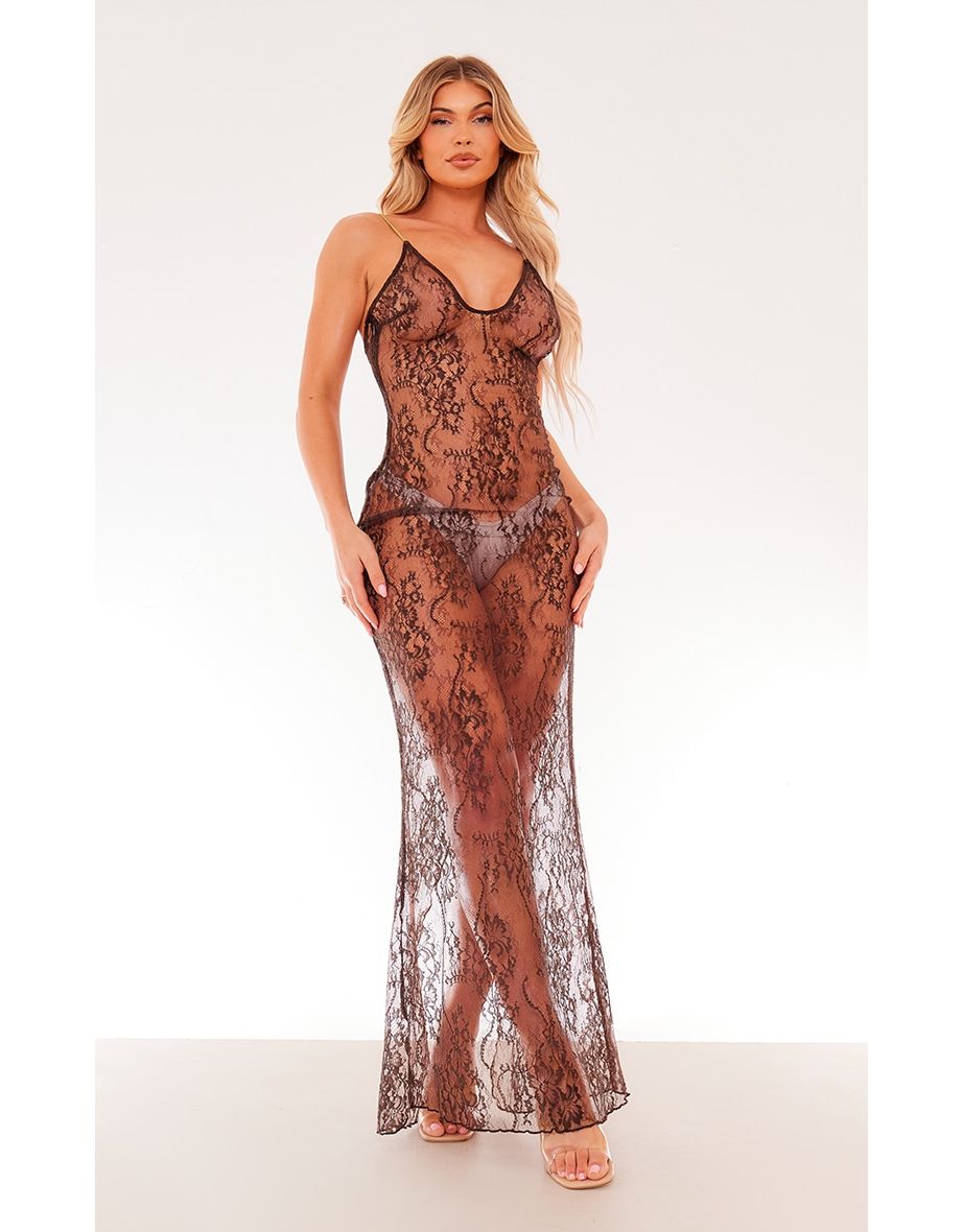 Brown Delicate Lace Skinny Strap Maxi Dress