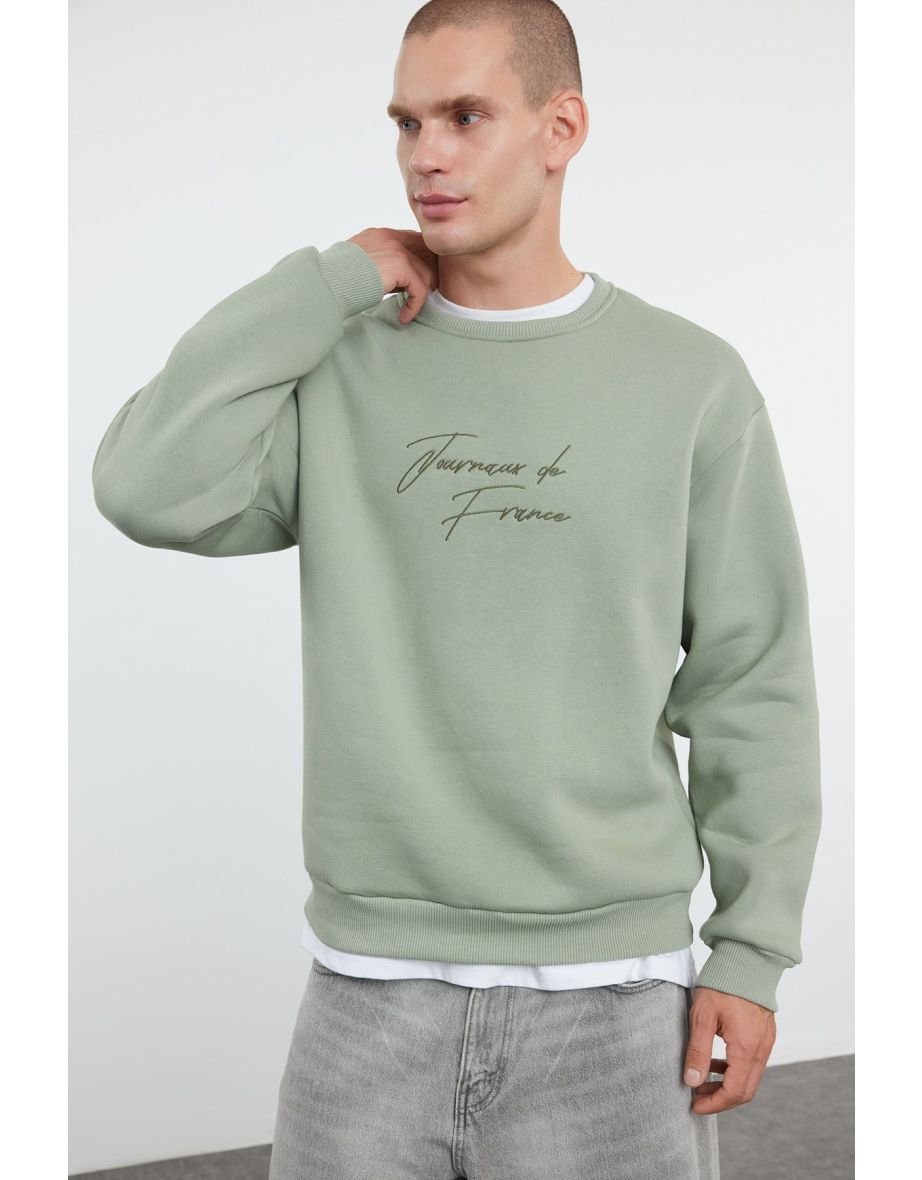 Mint Oversize/Wide Cut Text Embroidered Crew Neck Sweatshirt