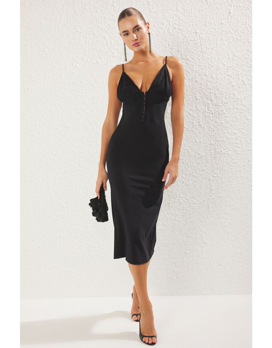 Black Body-Styling Lace Detailed Woven Midi Chic Dress