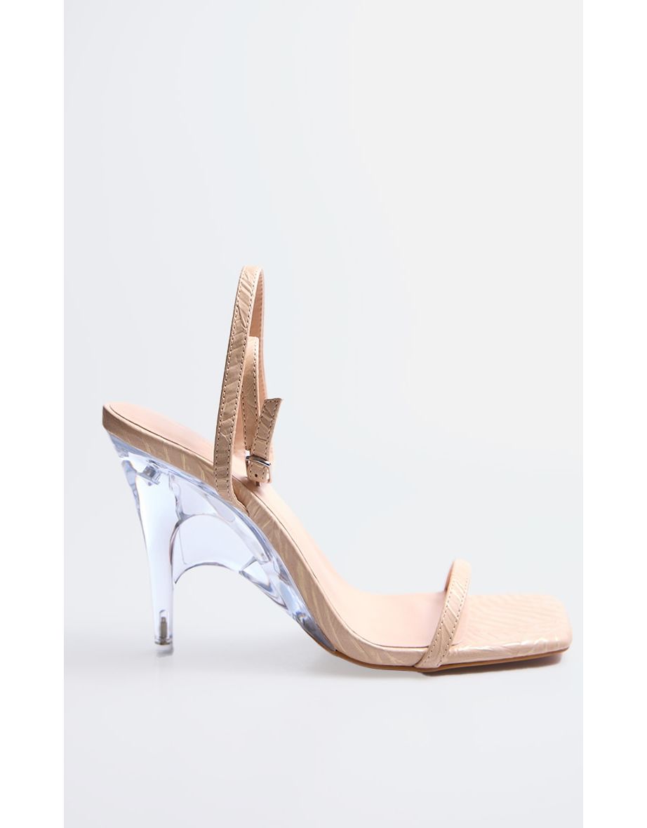Nude Croc PU Wide Fit Square Toe Clear Wedge Heel Sandals - 3