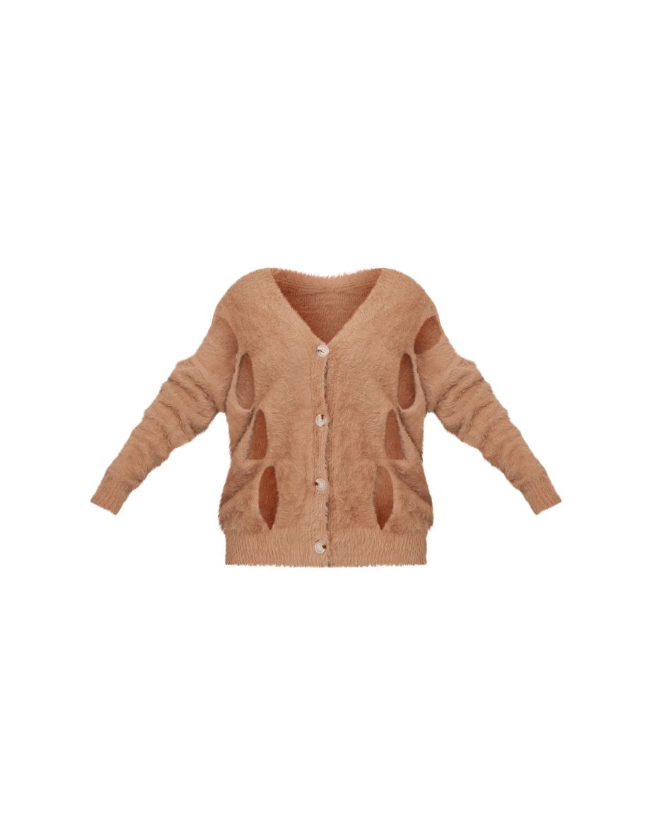 Mocha Eyelash Knit Cut Out Oversized Cardigan - 4