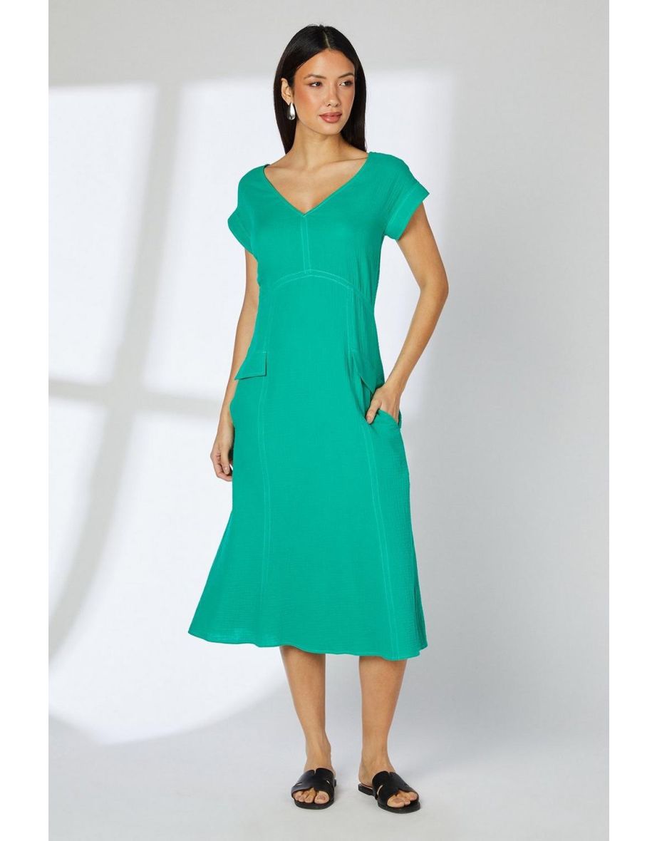 Green Gauze Seam Detail Midi Dress
