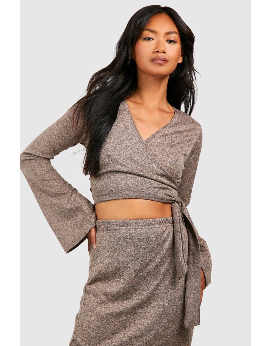 Super Soft Marl Flared Sleeve Wrap Top - desert sand