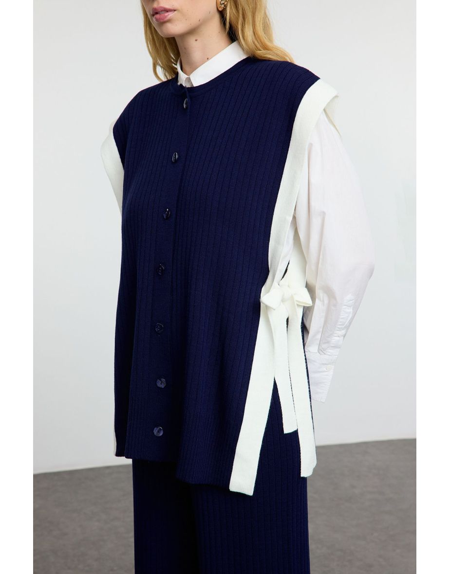 Navy Blue Color Block Slit Detail Vest-Pants Knitwear Bottom-Top Set - 4
