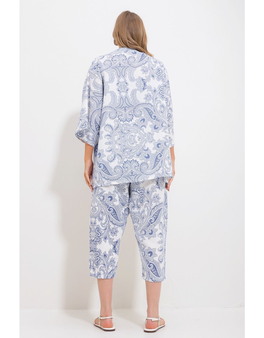 Women's Indigo Patterned Kimono With Jacket And Trousers Linen Woven Bottom Top Set - 3