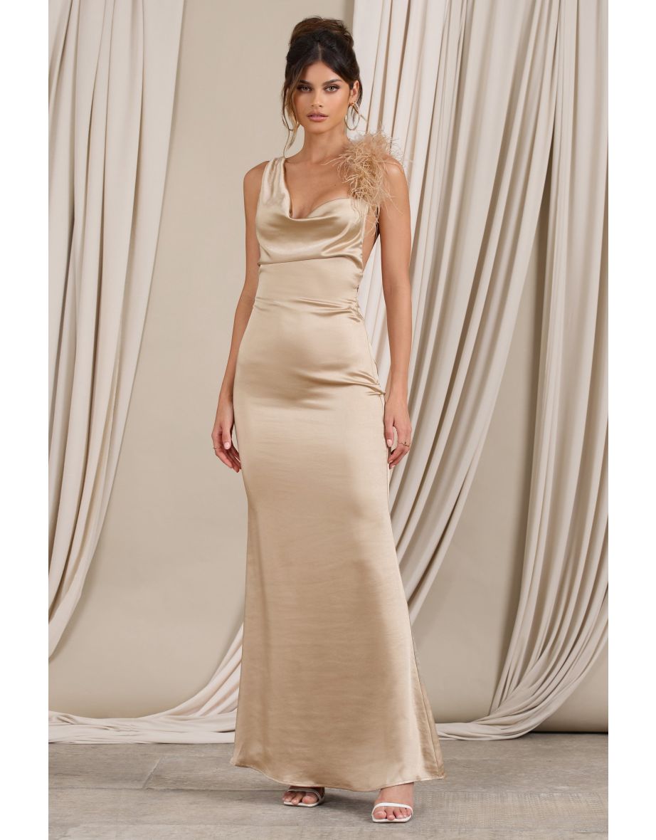 Cherish Me | Gold Satin Asymmetric Cowl Maxi Dress With Feather Strap - 5