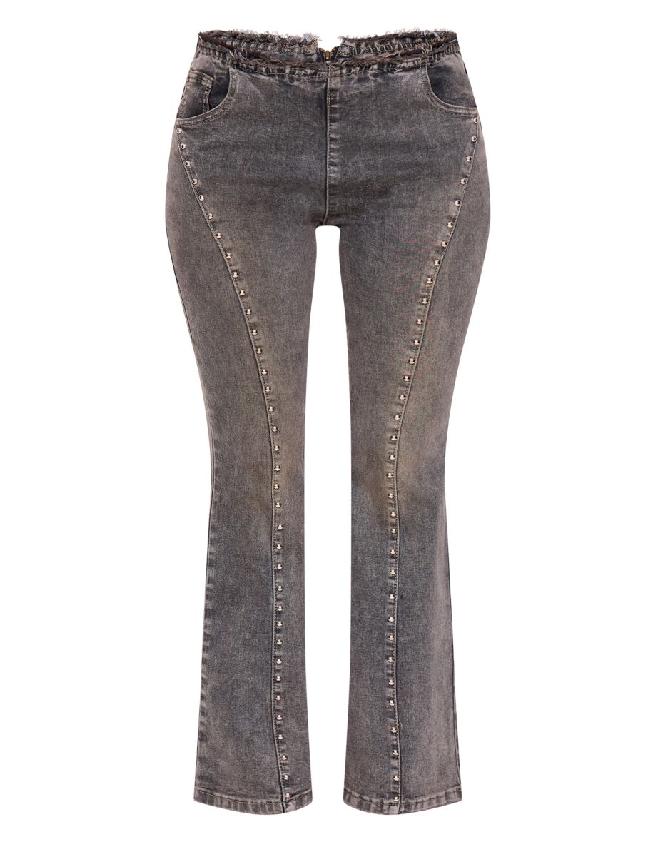 Petite Washed Black Stud Detail Denim Flared Jeans - 4