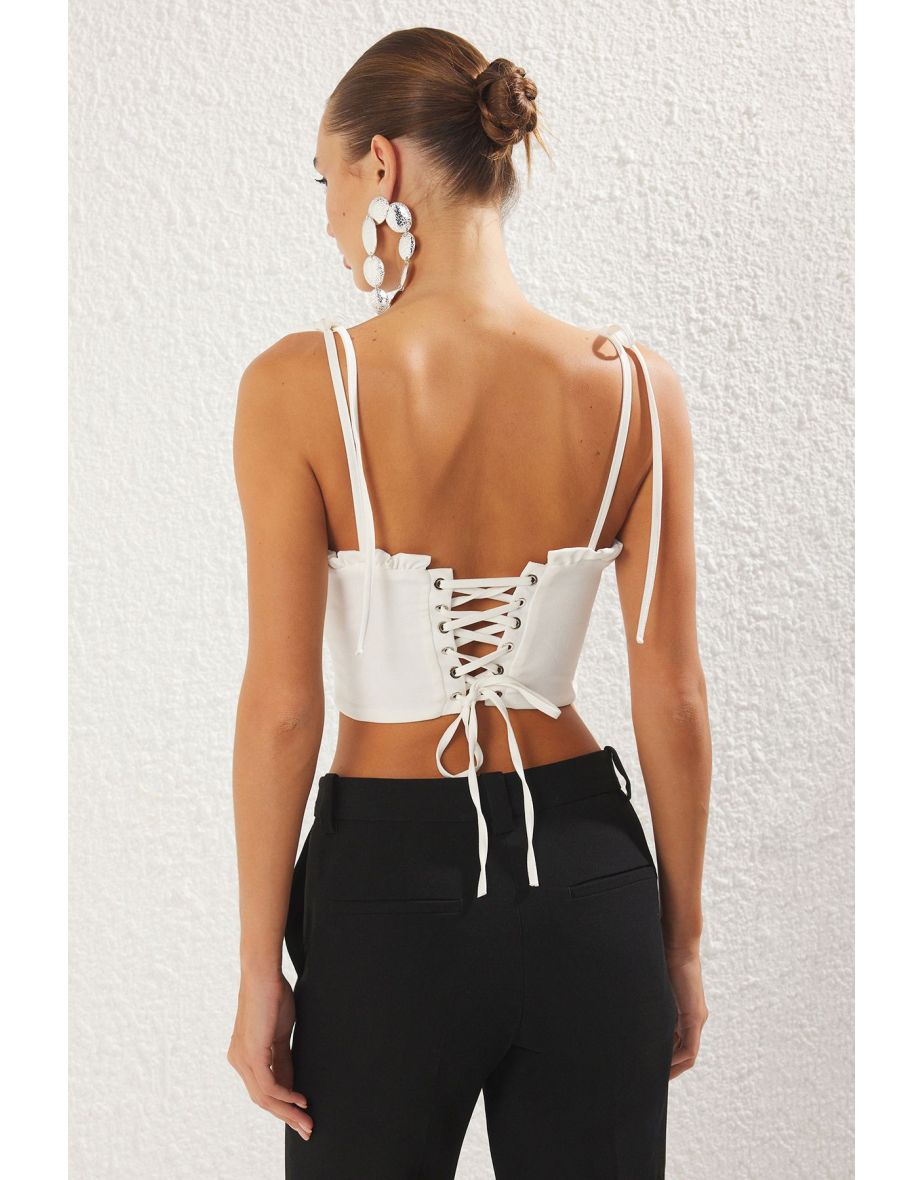 Ecru Binding Detail Ruffled Crop Woven Bustier - 4
