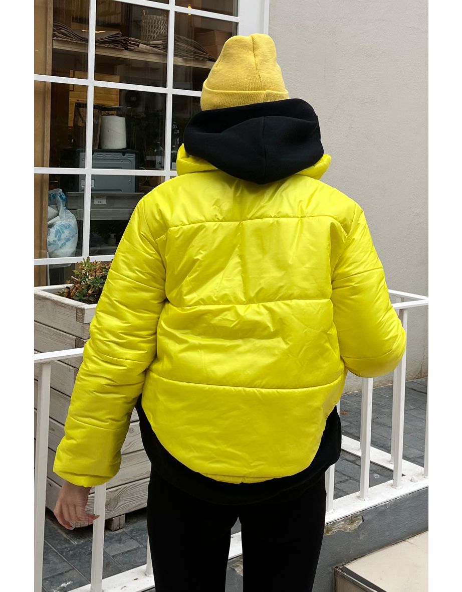 Women's Light Yellow Standing Collar Double Pocketed Inflatable Puffer Coat with Elastic Waist - 5
