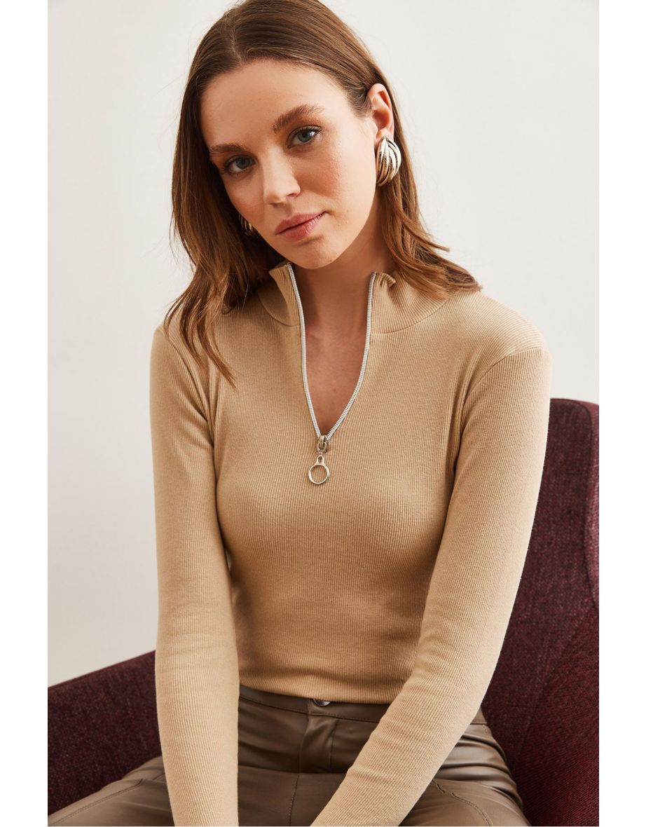 Women's Beige Zippered Turtleneck Lycra Blouseblz-