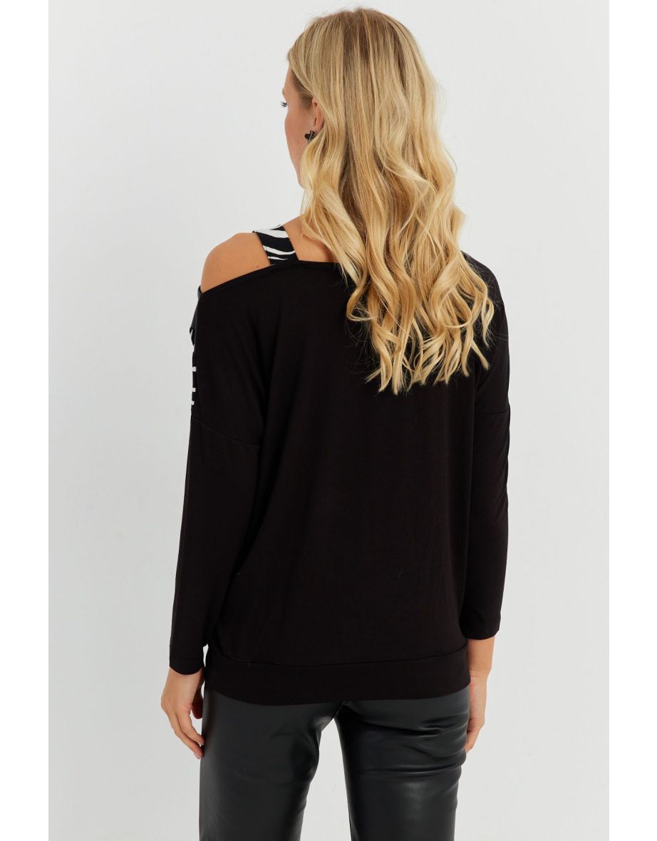Women's Black Faux Leather Block Blouse - 5