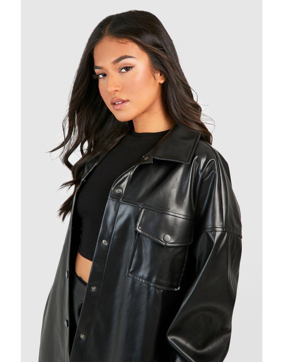 Petite Faux Leather Oversized Shacket - black - 3