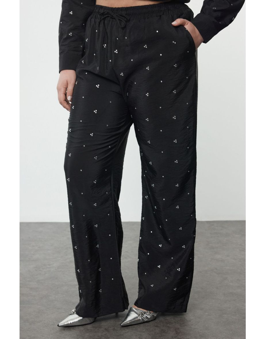 Black Stone Embroidered Elastic Waist Woven Plus Size Shirt-Pants Bottom-Top Set - 4