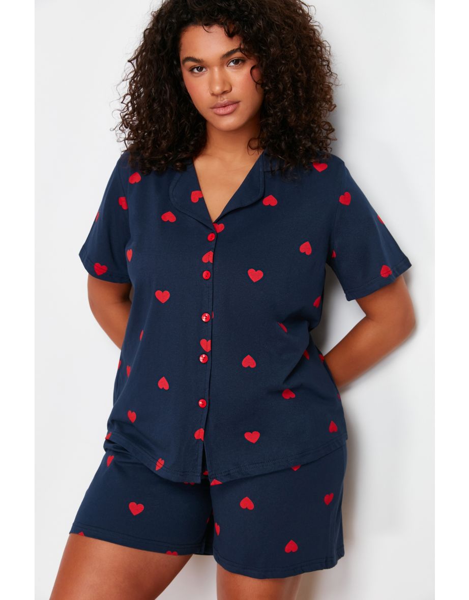 Navy Blue Heart Pattern Knitted Pajamas Set