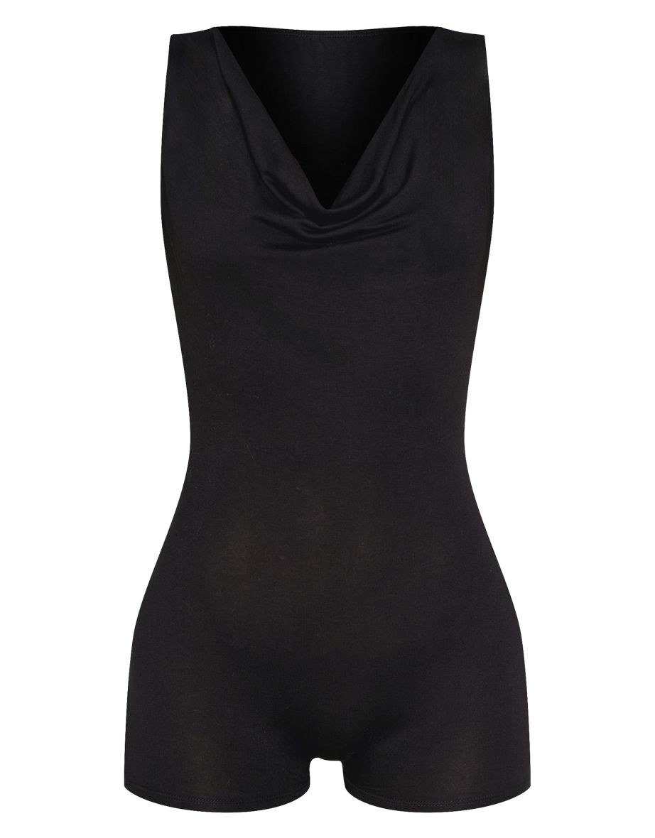 Black Jersey Cowl Neck Playsuit - 4