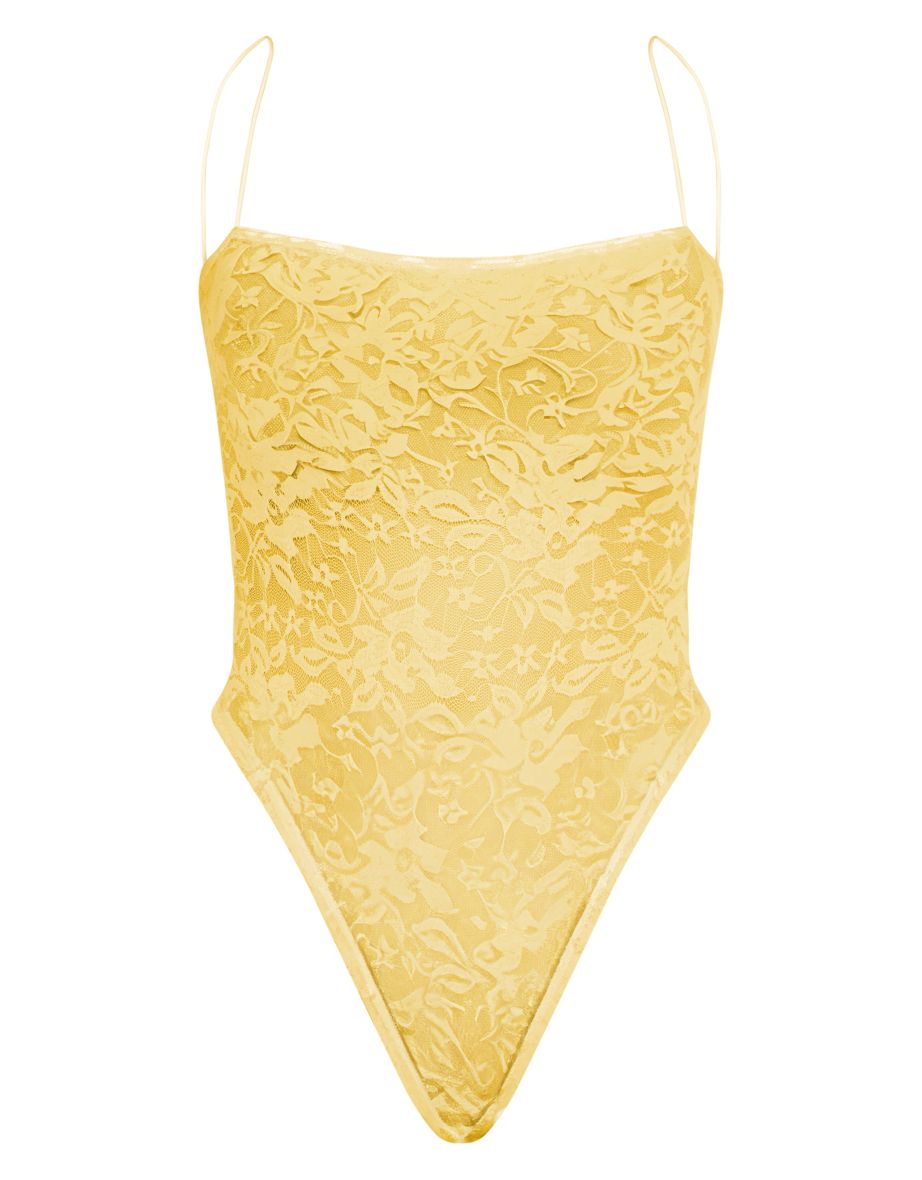 PRETTYLITTLETHING Yellow Lace Spaghetti Strap Bodysuit - 3