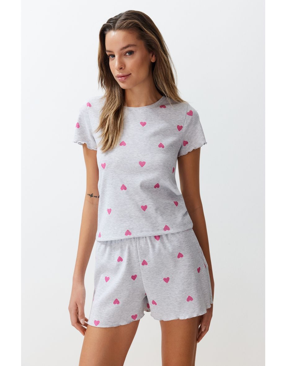 Gray Melange Heart Patterned Ribbed Knitted Pajamas Set