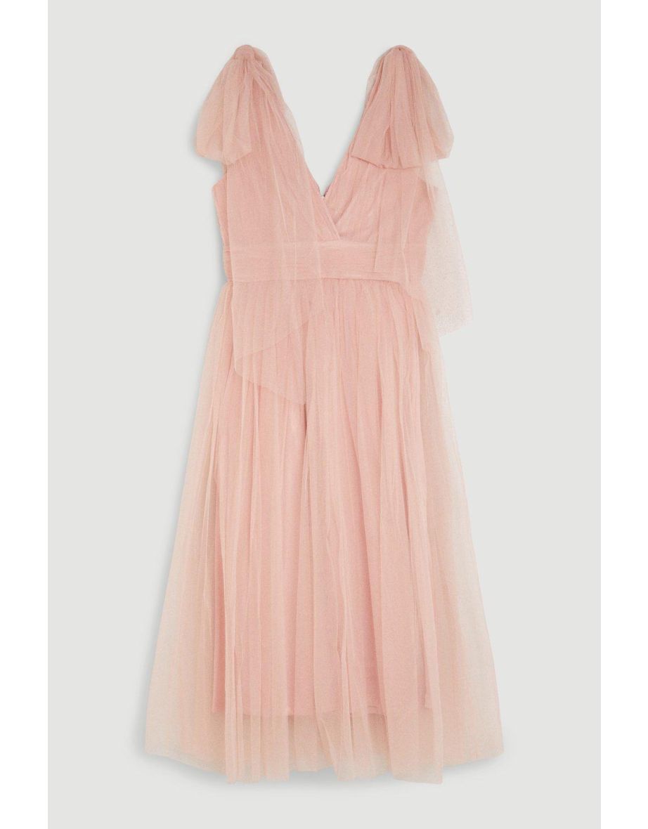 Tulle Tie Straps Plunge Midi Dress - 3