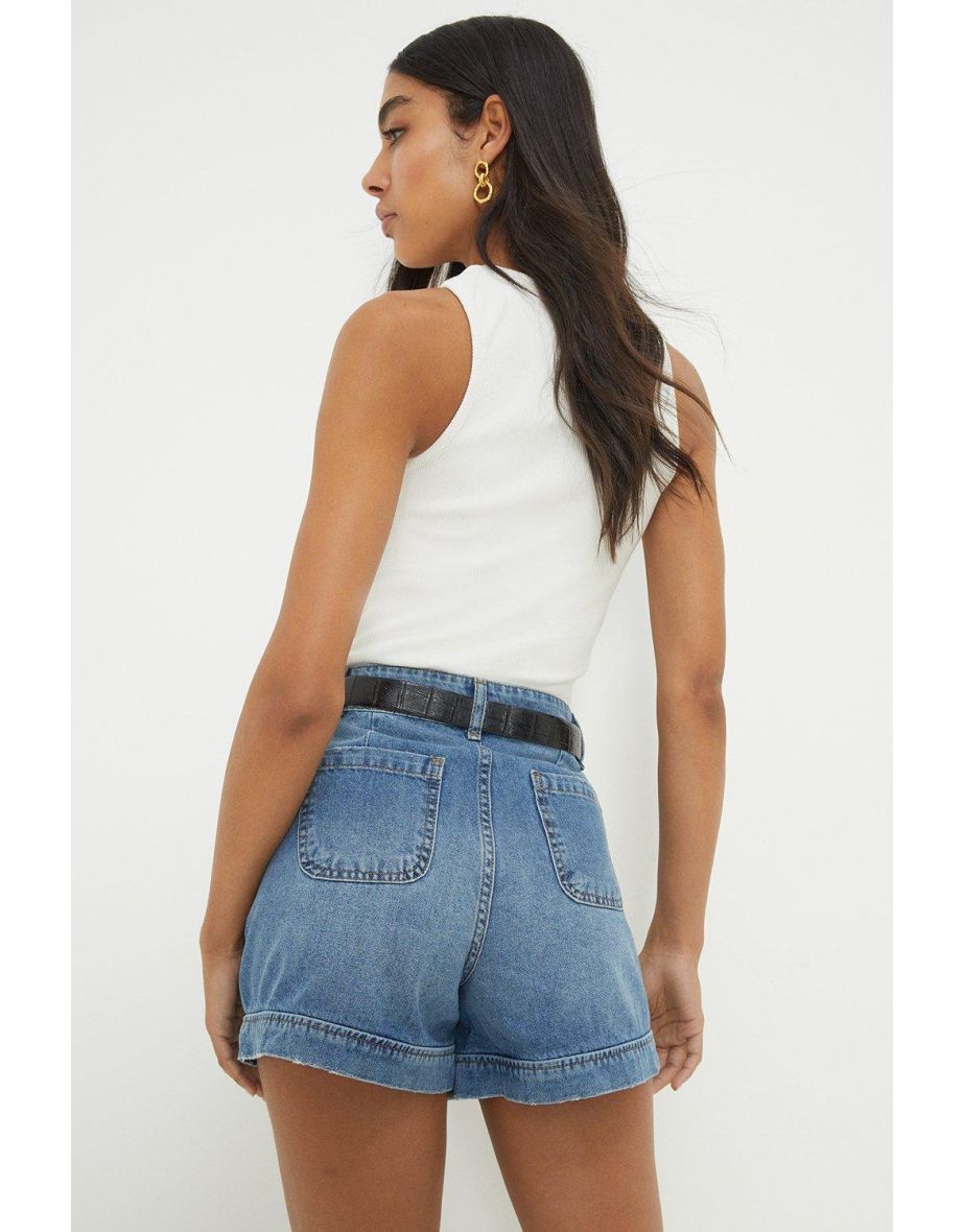 High Waisted Patch Pocket Denim Shorts - 2