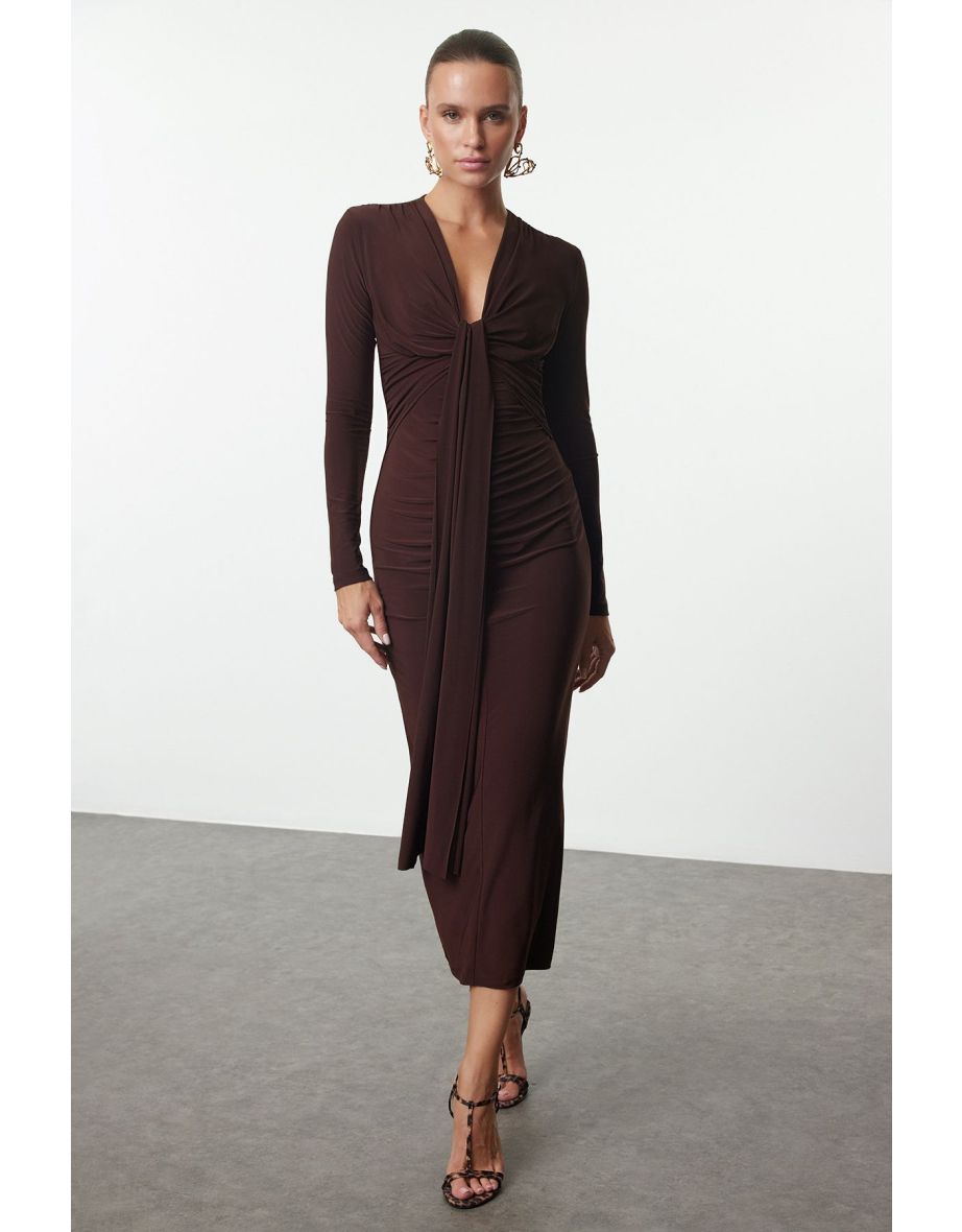 Brown Fitted Knitted Dress