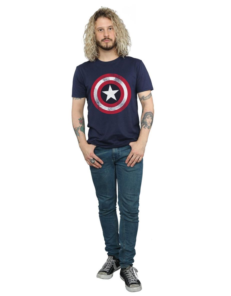 Marvel Mens Captain America Distressed Shield T-Shirt - Navy Blue - 3