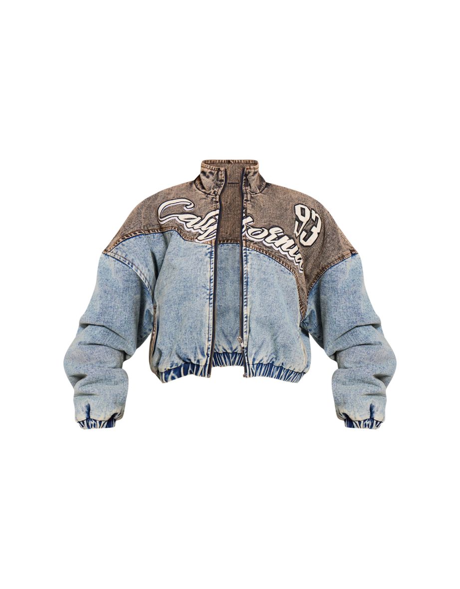Washed Grey Acid Wash California Oversized Spliced Bomber Jacket - 4