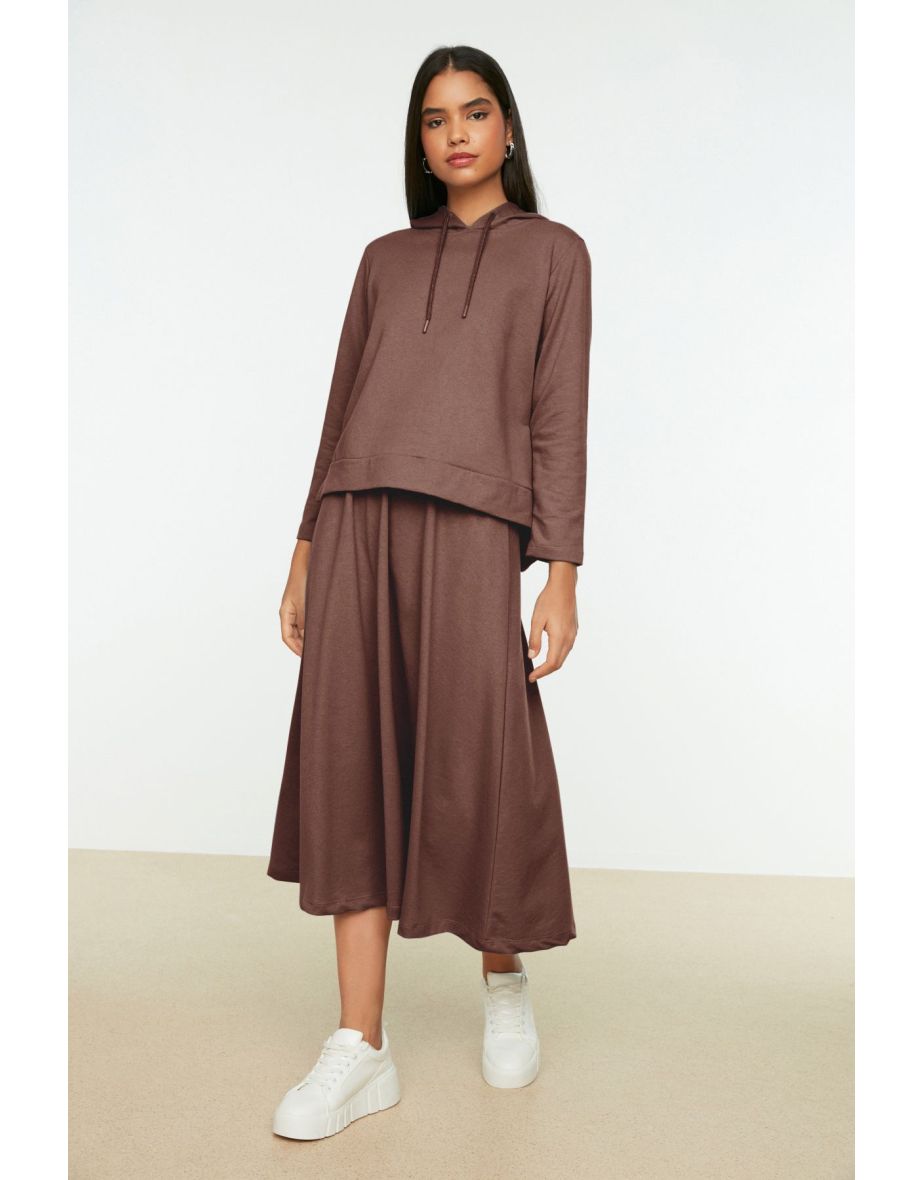 Brown Hooded Sweatshirt-Skirt Knitted Set