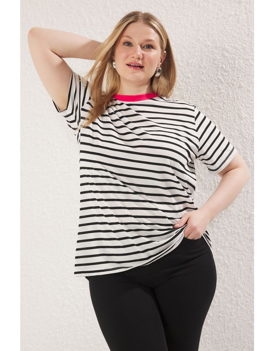 Black-White Striped Contrast Collar Boyfriend Fit Knitted Plus Size T-shirt