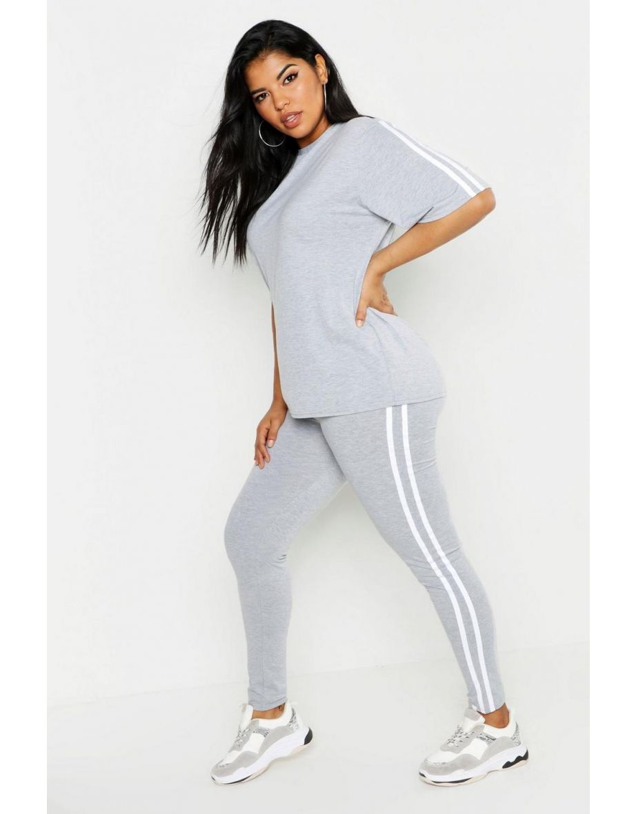 Plus Stripe Short Sleeve Loungewear Set - grey