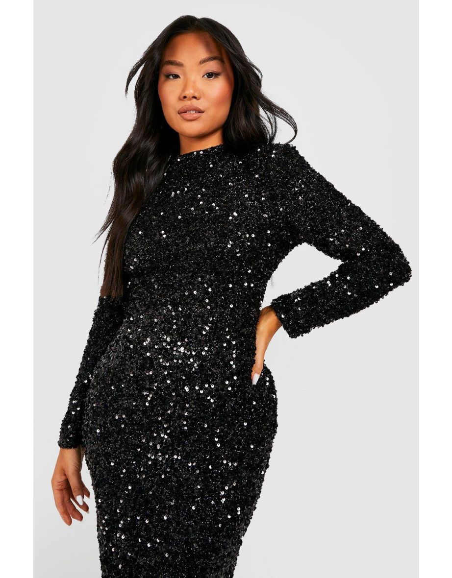 Petite Sequin Shoulder Pad Backless Midi Dress - black - 3