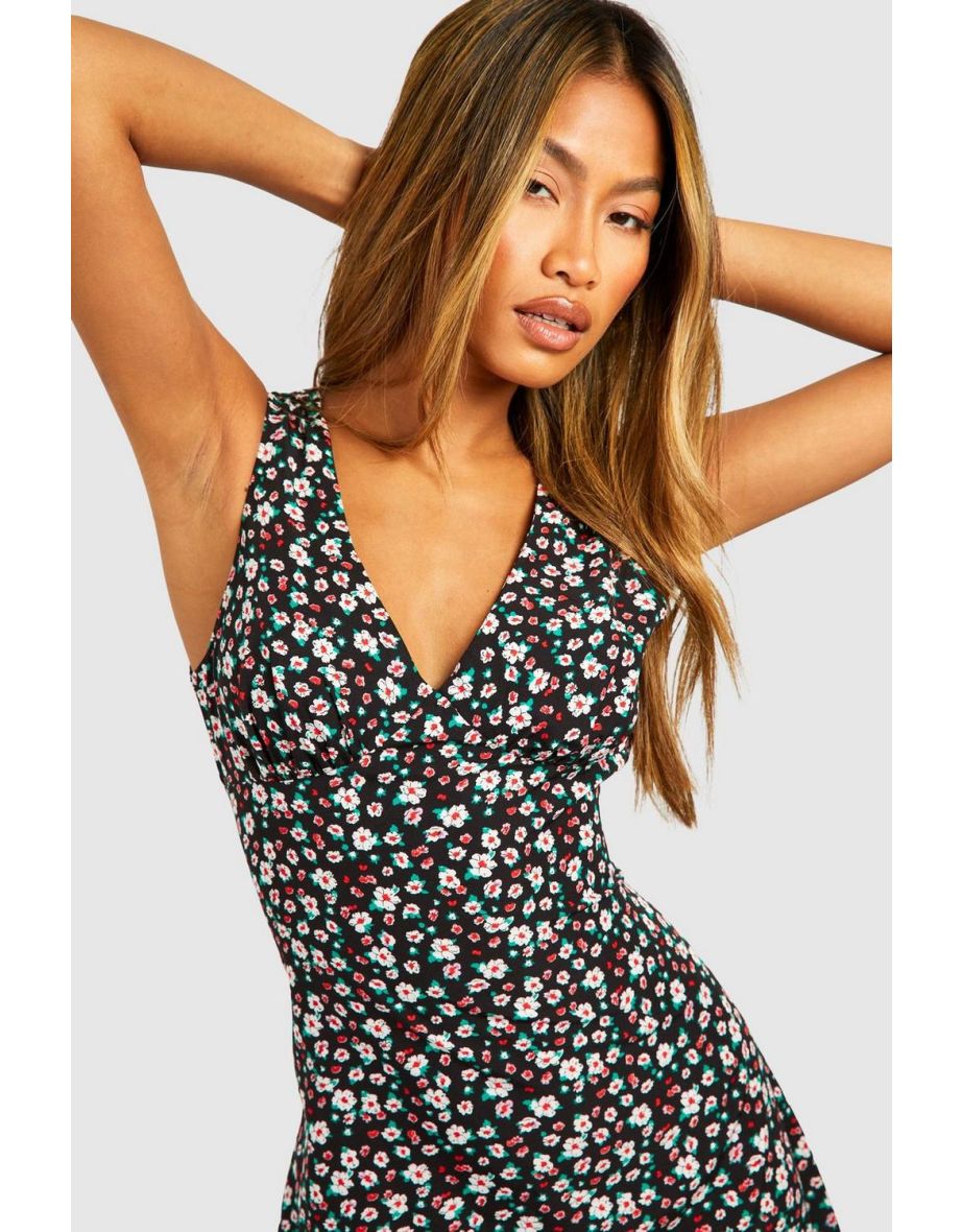 Ditsy Floral Plunge Mini Dress - black - 3