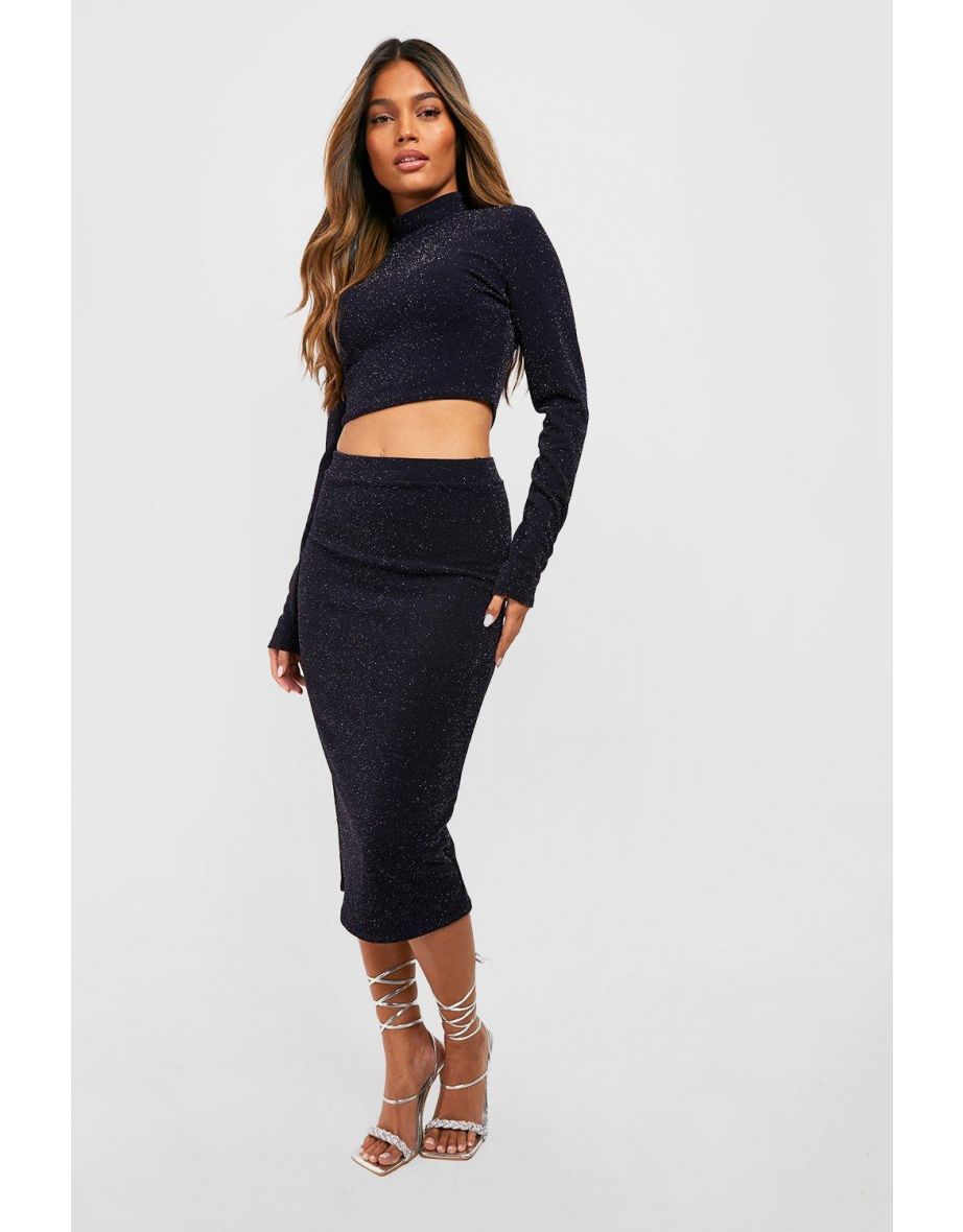 High Neck Crop Top & Midi Skirt Co-ord - navy