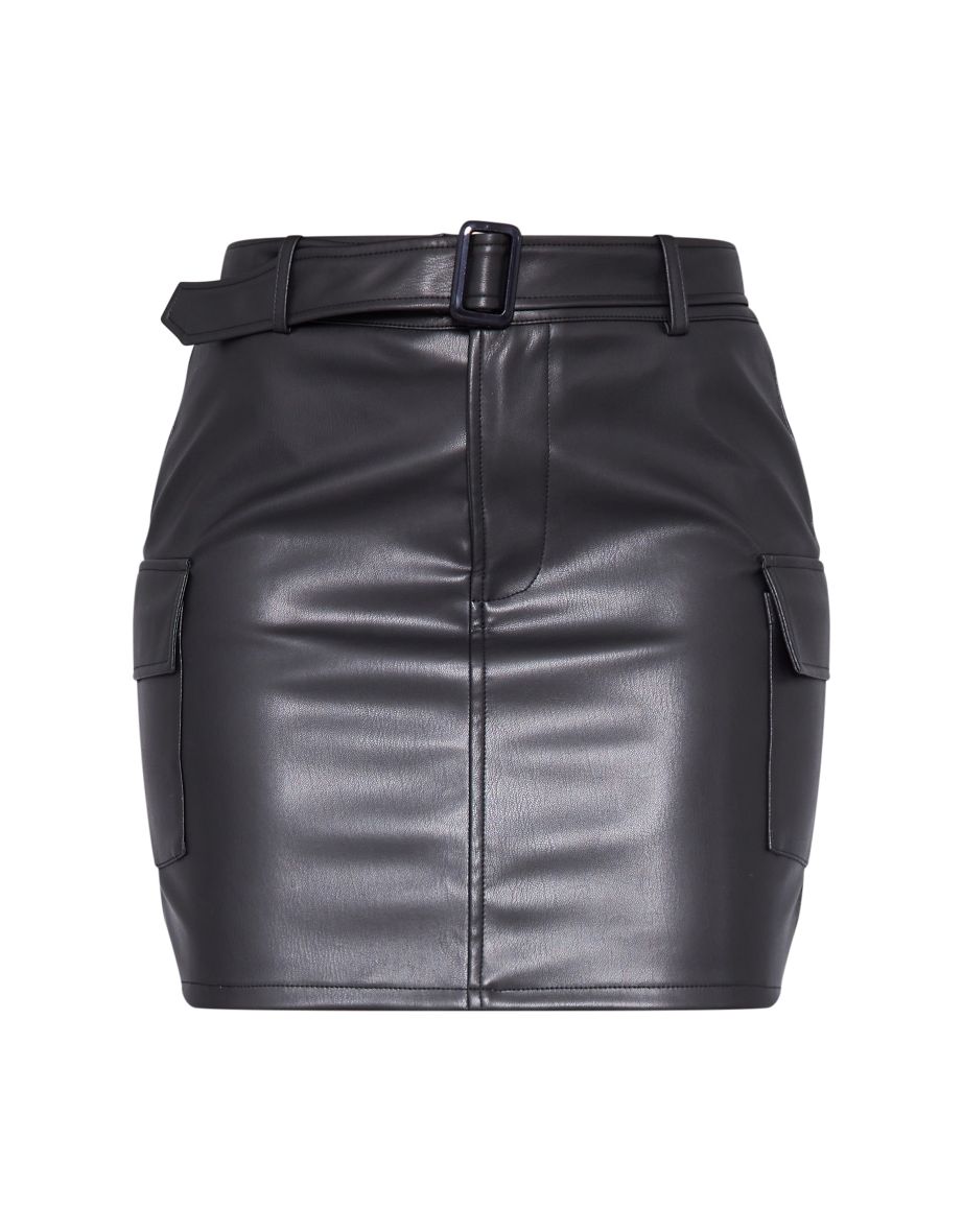 Tall Black Faux Leather Belted Micro Mini Skirt - 4
