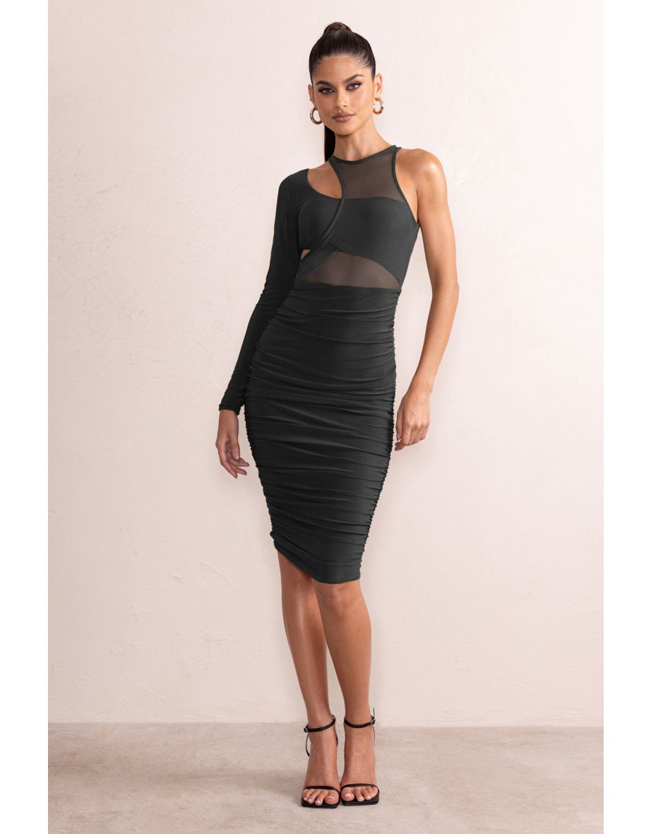 Olivia | Black Mesh One Shoulder Layered Midi Dress With Ruching