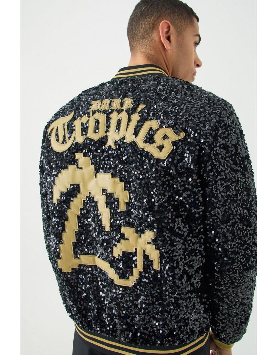 Palm Zip Through Sequin Bomber - black