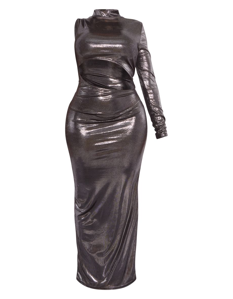 Shape Silver Metallic Cut Out Front Long Sleeve Maxi Dress - 4