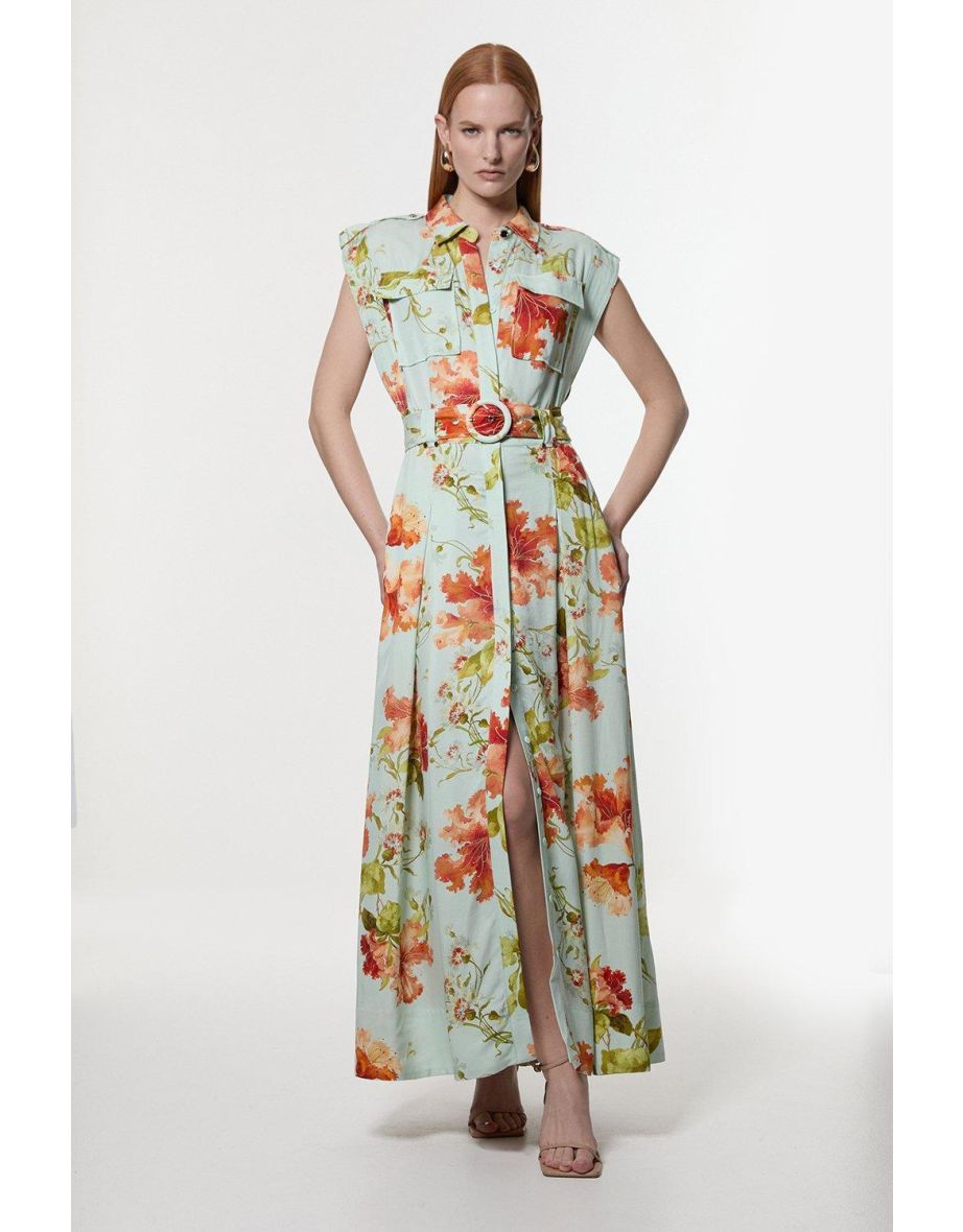 Premium Viscose Linen Floral Belted Woven Midaxi Dress With Gold Hardware Detail