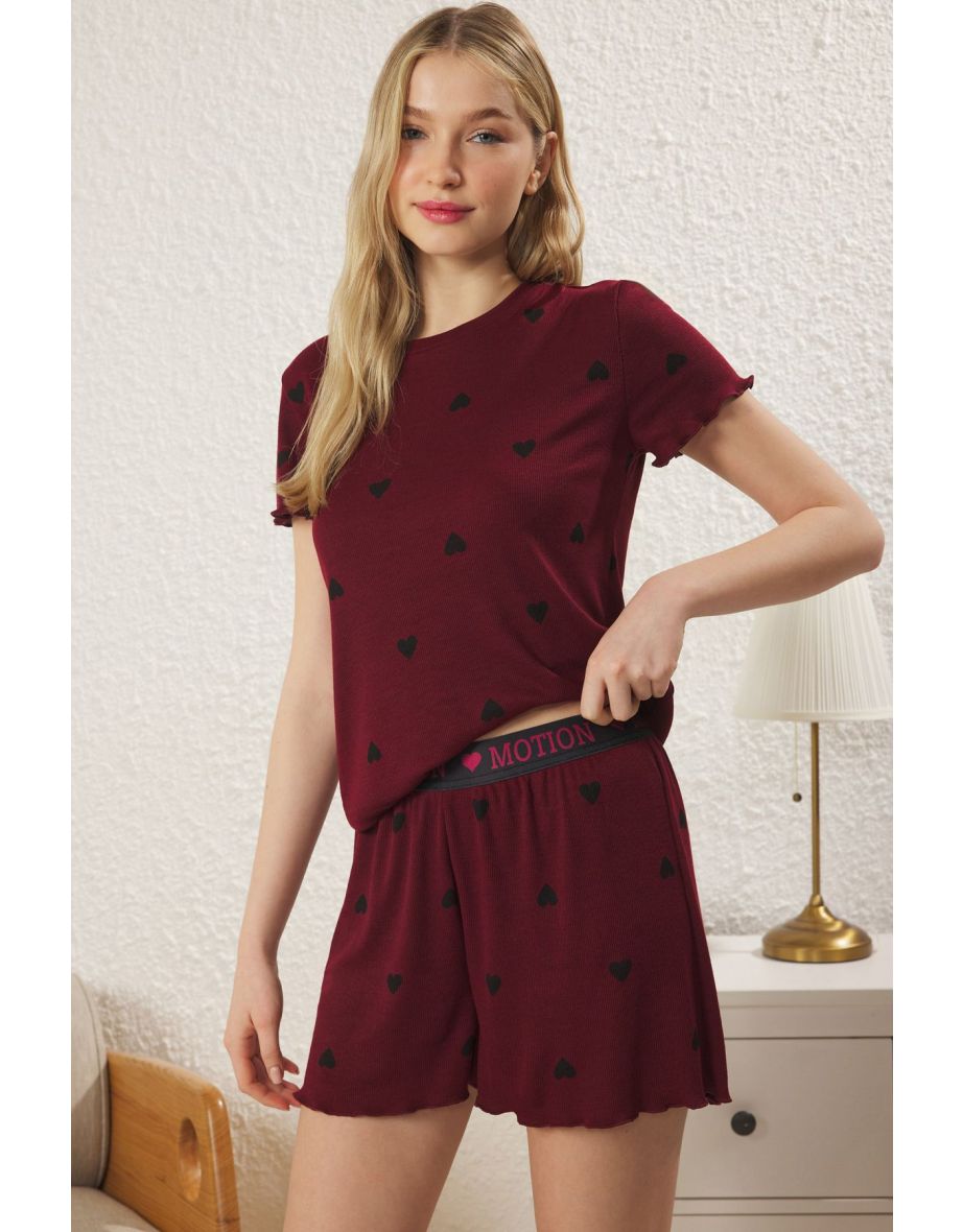 Burgundy Heart Slogan Printed Elastic Ribbed Shorts Knitted Pajama Set