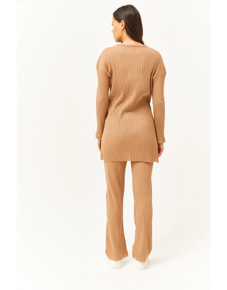 Women's Camel Top Slit Blouse Bottom Palazzo Ribbed Suit - 4