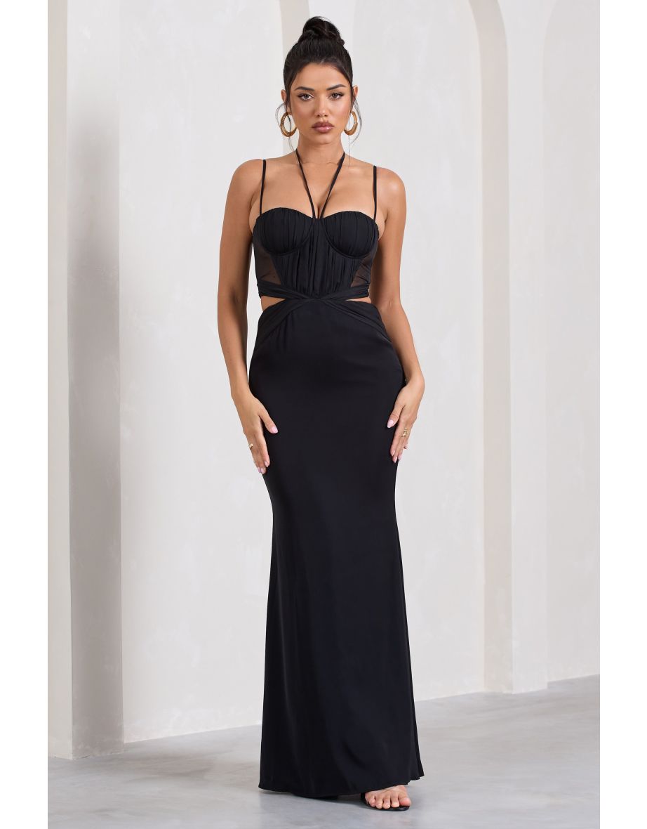 Stardom | Black Chiffon Strappy Sweetheart Cut-Out Maxi Dress
