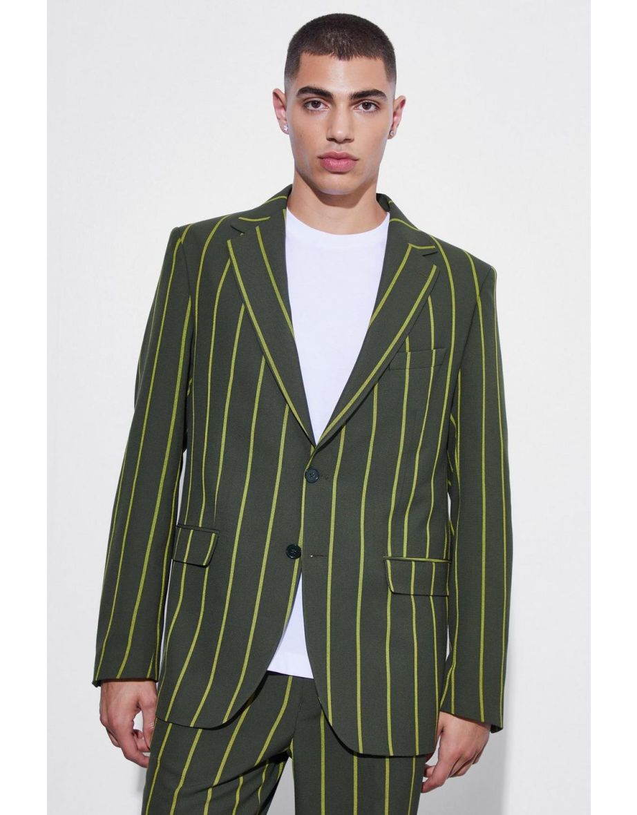 Relaxed Single Breasted Wide Stripe Suit Jacket - forest