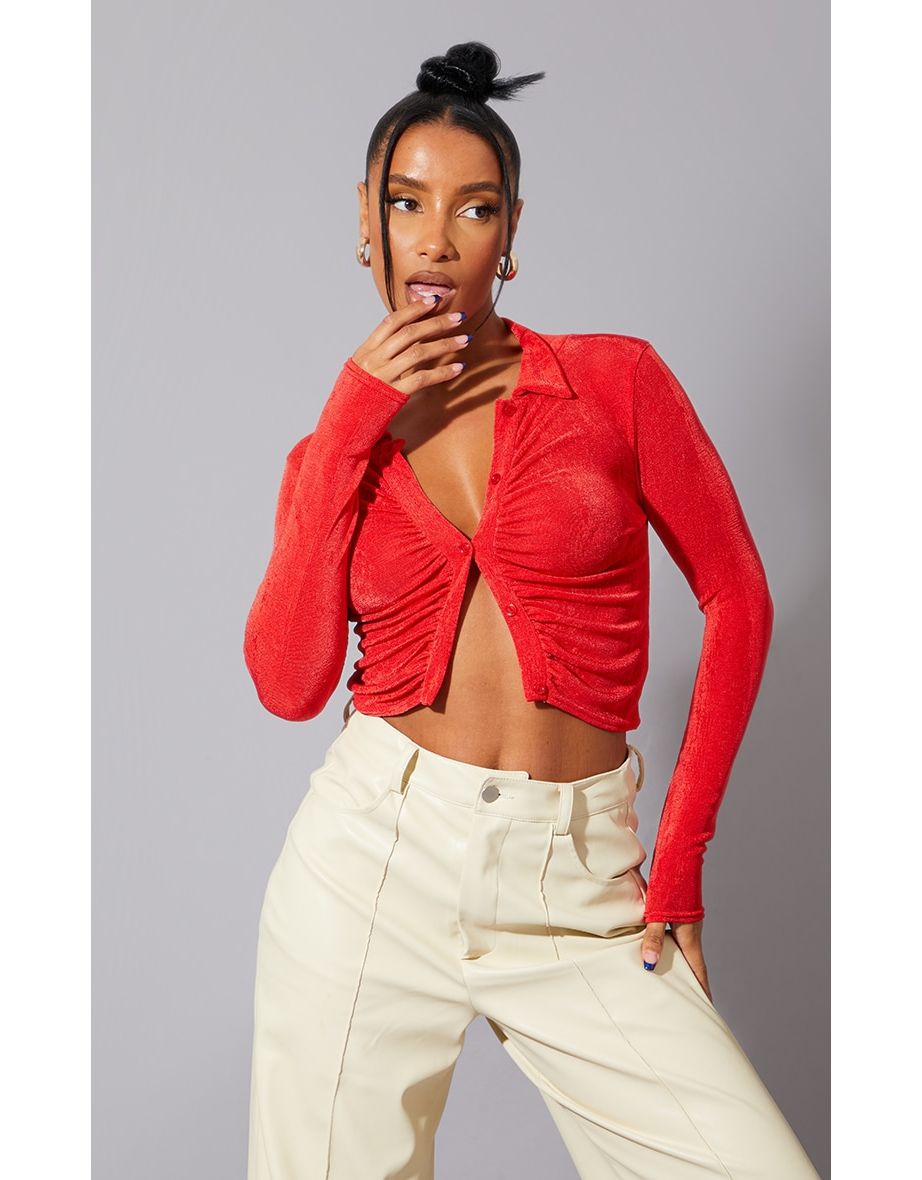 Red Acetate Slinky Ruched Front Shirt