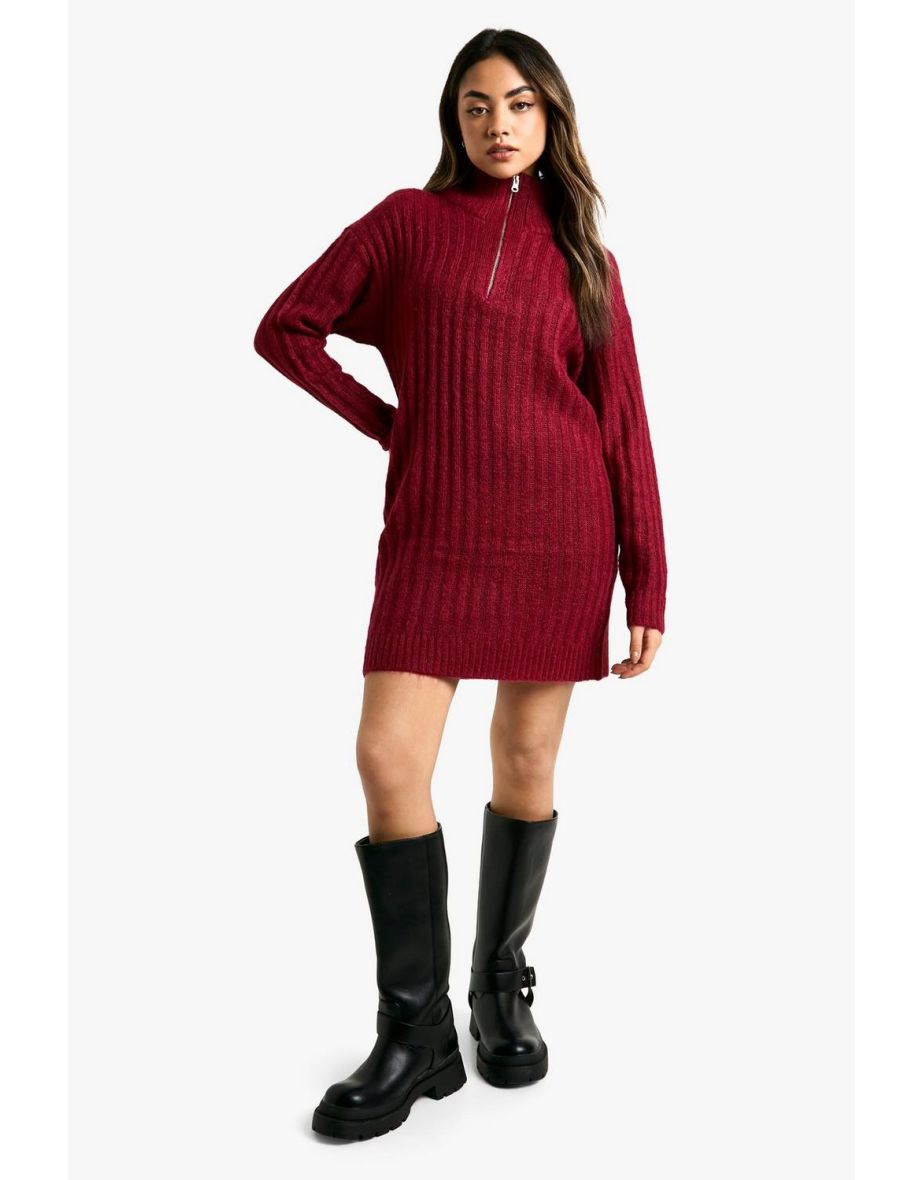Soft Knit Thick Rib Zip Neck Oversize Mini Dress - berry